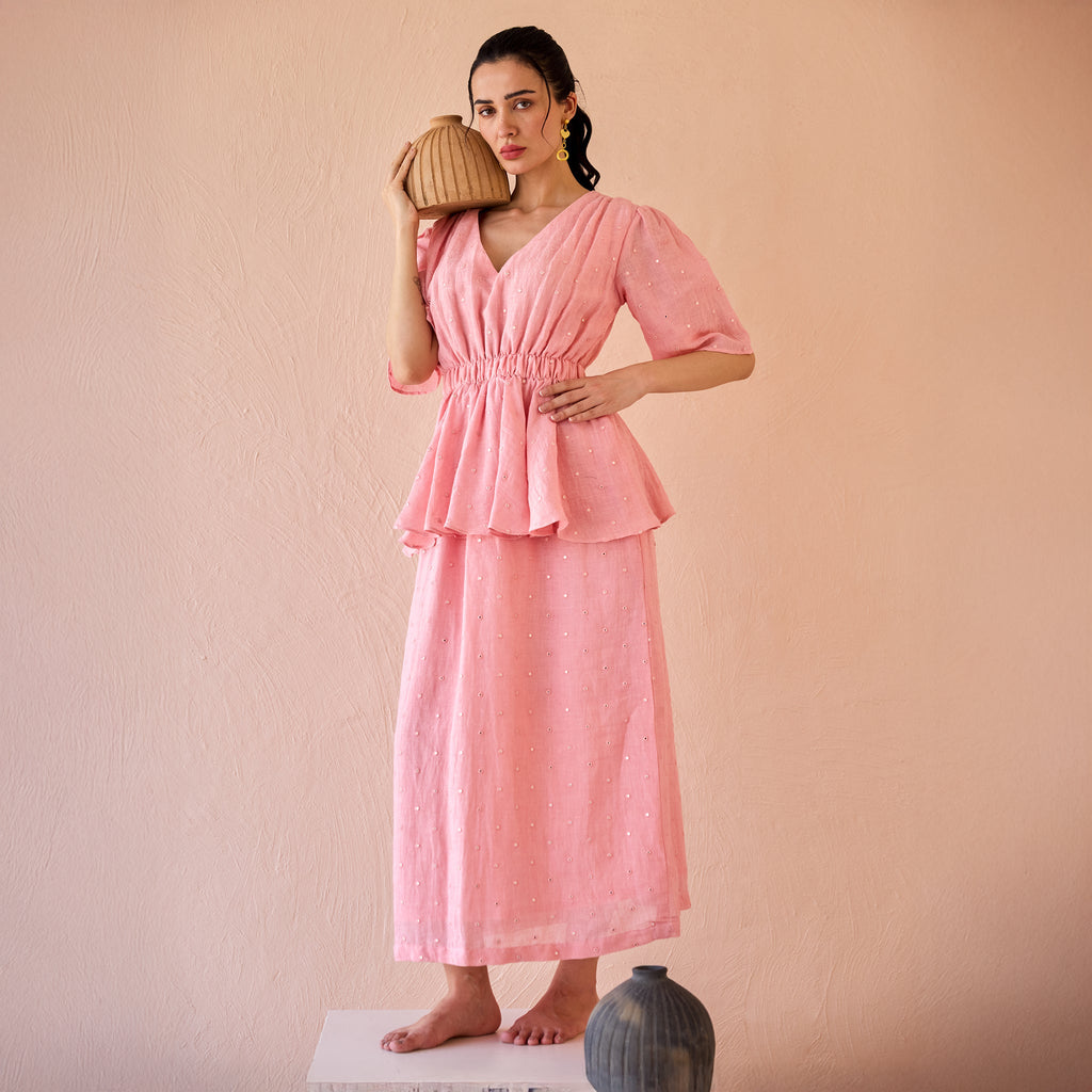 Mirror Mist at Kamakhyaa by The Loom Art. This item is Fluer De Code by The Loom Art, Linen, Mirror Work, Peplum Dresses, Pink