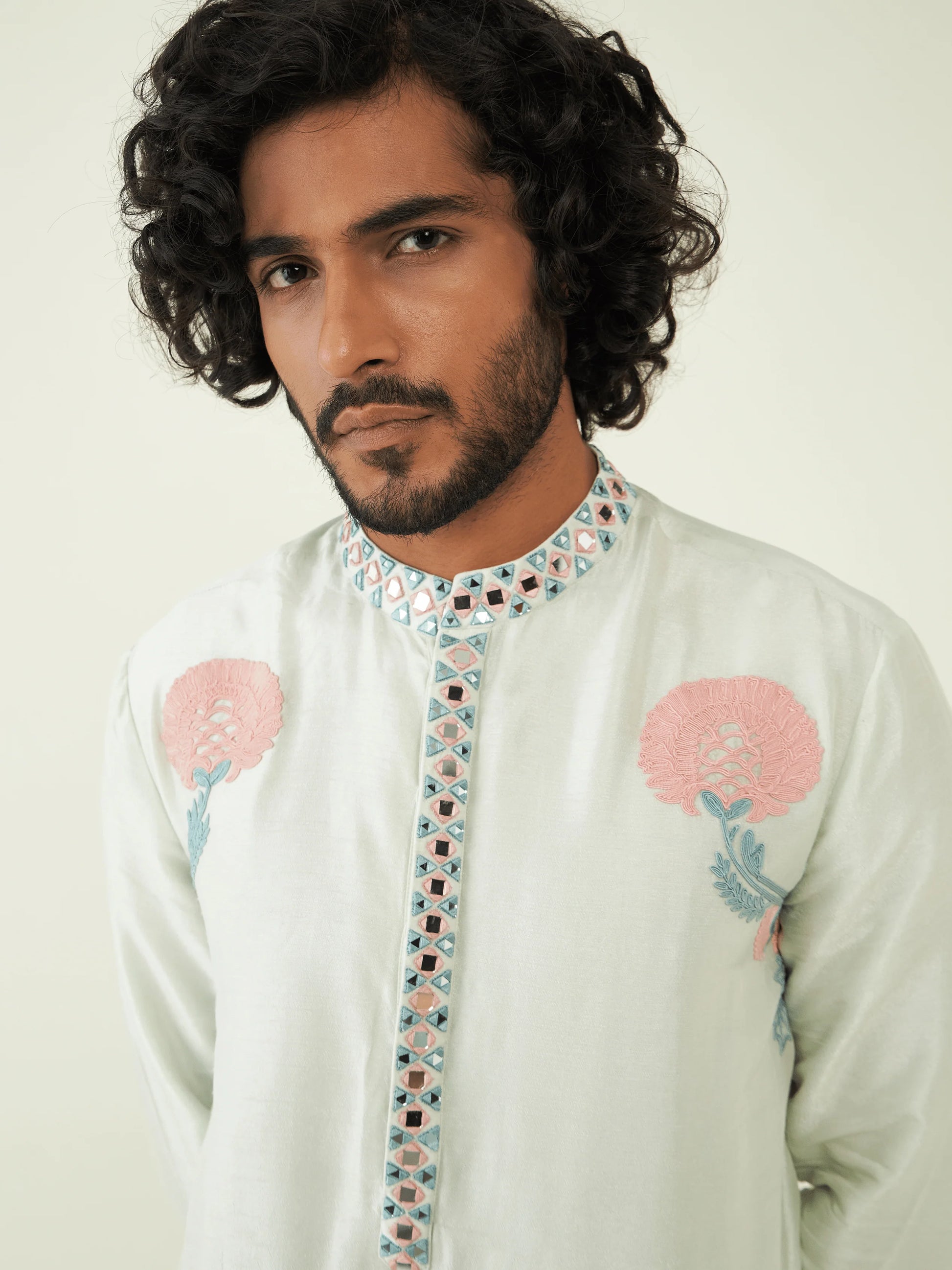 Mirrorwork Festive Wear Kurta Set at Kamakhyaa by RoohbyRidhimaa. This item is Festive Wear, Green, Kurta Pant Sets, Men Kurta Pant Sets, Menswear By RoohbyRidhimaa, Qala By RoohbyRidhimaa, Regular Fit, Solids, Viscose Raw Silk