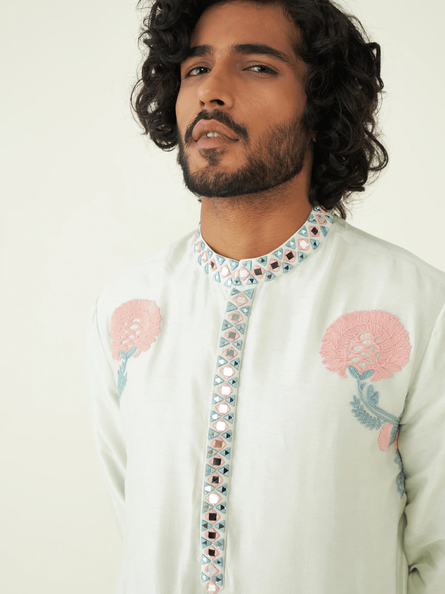 Mirrorwork Festive Wear Kurta Set at Kamakhyaa by RoohbyRidhimaa. This item is Festive Wear, Green, Kurta Pant Sets, Men Kurta Pant Sets, Menswear By RoohbyRidhimaa, Qala By RoohbyRidhimaa, Regular Fit, Solids, Viscose Raw Silk