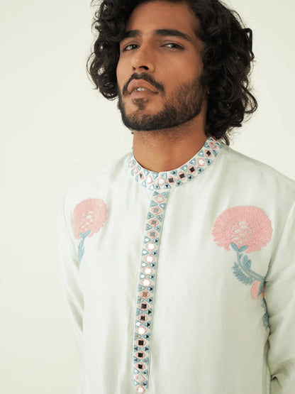 Mirrorwork Festive Wear Kurta Set at Kamakhyaa by RoohbyRidhimaa. This item is Festive Wear, Green, Kurta Pant Sets, Men Kurta Pant Sets, Menswear By RoohbyRidhimaa, Qala By RoohbyRidhimaa, Regular Fit, Solids, Viscose Raw Silk