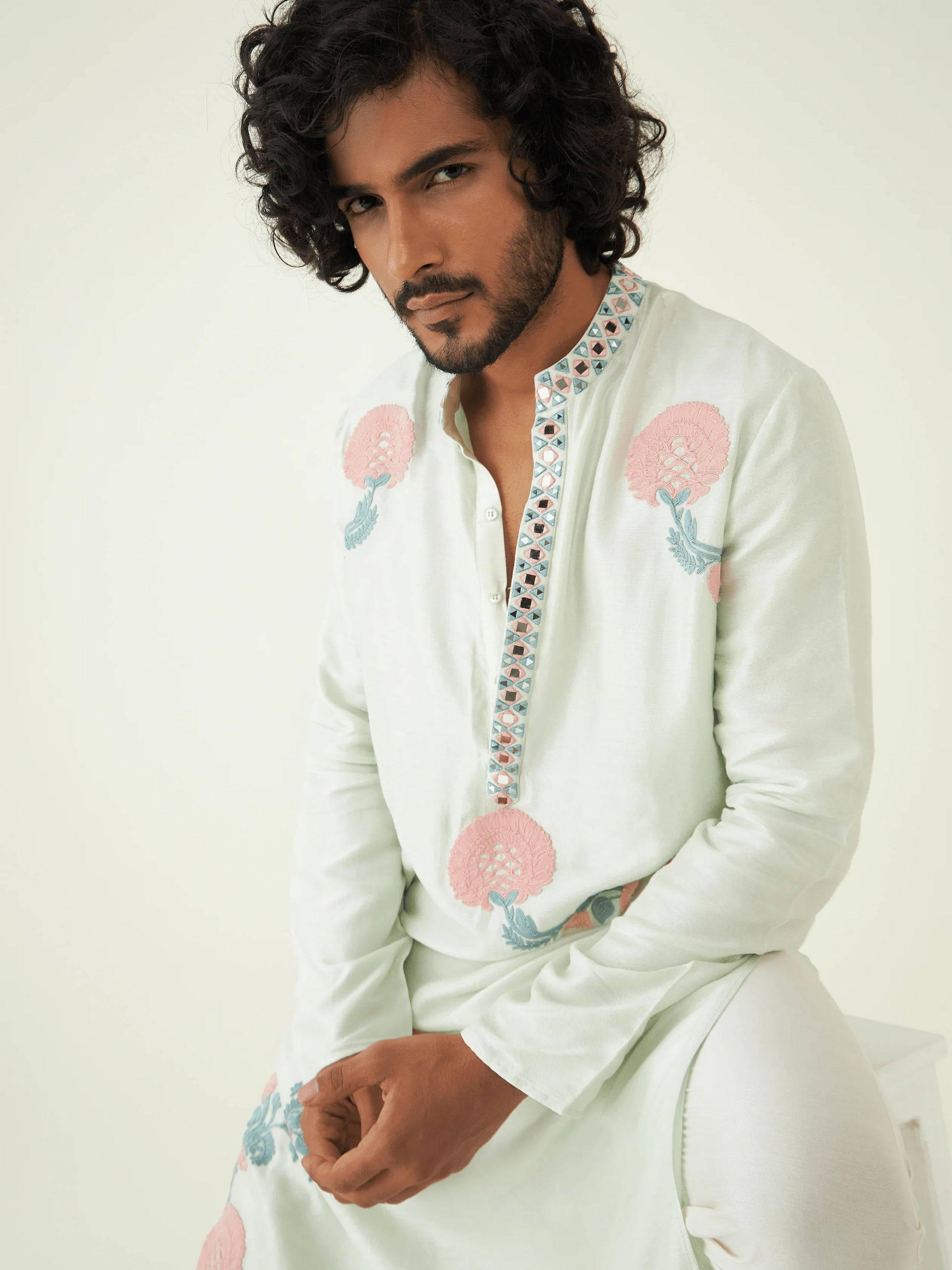 Mirrorwork Festive Wear Kurta Set at Kamakhyaa by RoohbyRidhimaa. This item is Festive Wear, Green, Kurta Pant Sets, Men Kurta Pant Sets, Menswear By RoohbyRidhimaa, Qala By RoohbyRidhimaa, Regular Fit, Solids, Viscose Raw Silk