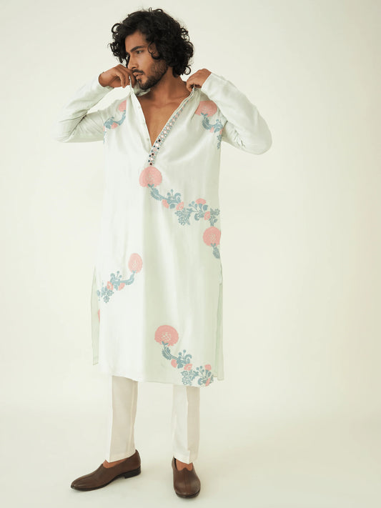 Mirrorwork Festive Wear Kurta Set at Kamakhyaa by RoohbyRidhimaa. This item is Festive Wear, Green, Kurta Pant Sets, Men Kurta Pant Sets, Menswear By RoohbyRidhimaa, Qala By RoohbyRidhimaa, Regular Fit, Solids, Viscose Raw Silk