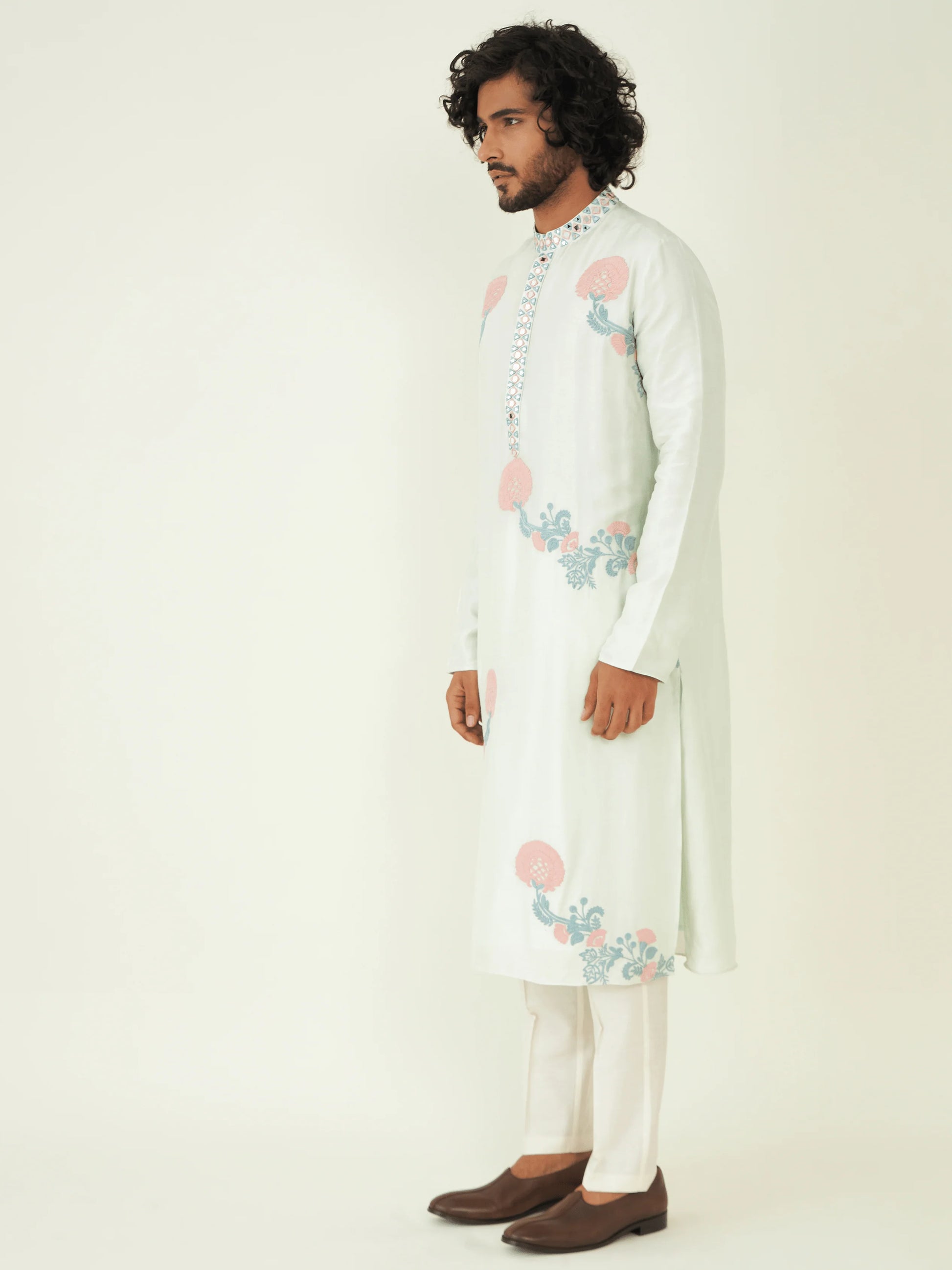 Mirrorwork Festive Wear Kurta Set at Kamakhyaa by RoohbyRidhimaa. This item is Festive Wear, Green, Kurta Pant Sets, Men Kurta Pant Sets, Menswear By RoohbyRidhimaa, Qala By RoohbyRidhimaa, Regular Fit, Solids, Viscose Raw Silk