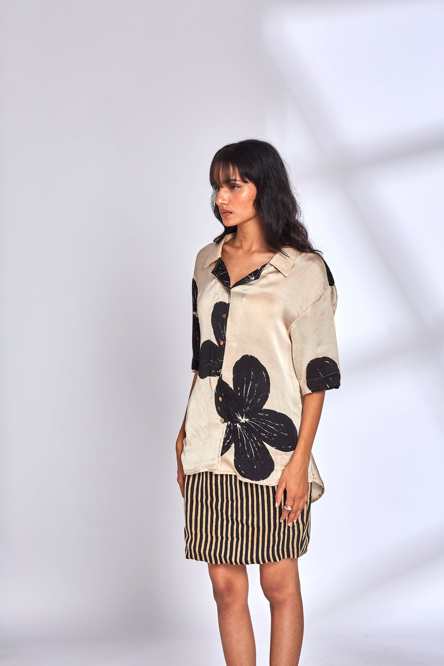 Modal Silk﻿ Beige Shirt at Kamakhyaa by Hasttvam. This item is Floral, Fusion Wear, Handmade by Artisans, Modal silk, Natural dyes, Relaxed Fit, Respondible production and Vegan, White