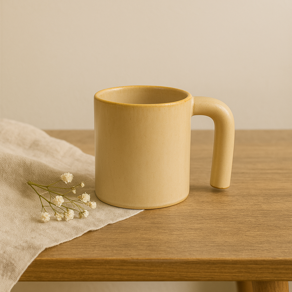 Modern Soleil Mug – Warm Ochre Stoneware with Sculptural Handle at Kamakhyaa by Aetherea World. This item is Missing image