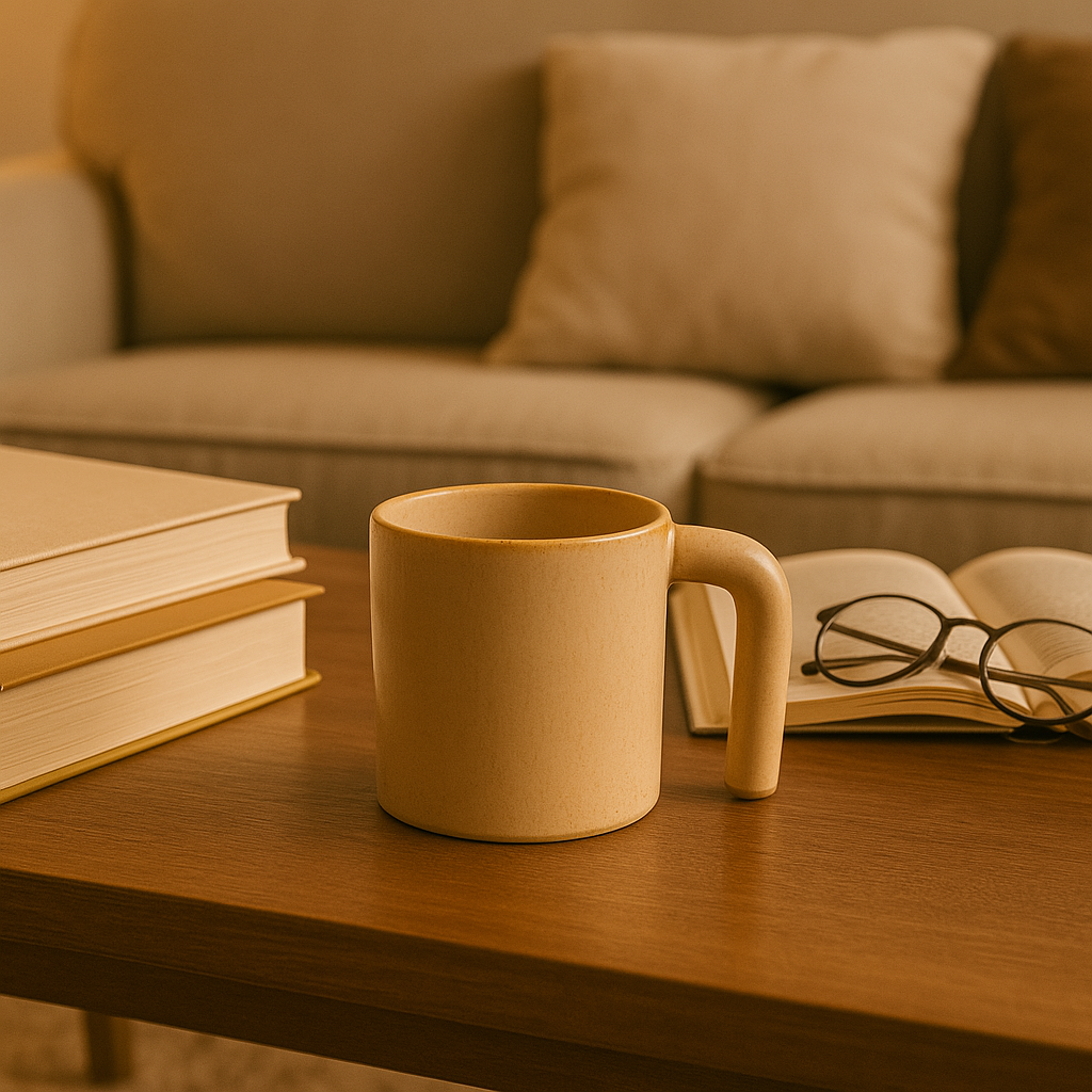 Modern Soleil Mug – Warm Ochre Stoneware with Sculptural Handle at Kamakhyaa by Aetherea World. This item is Missing image