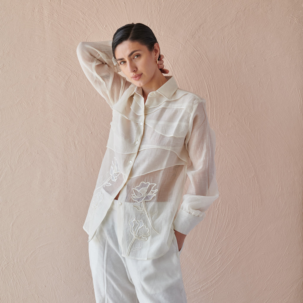 Moon Ripple at Kamakhyaa by The Loom Art. This item is Chanderi, Fluer De Code by The Loom Art, Hand Embroidered, White