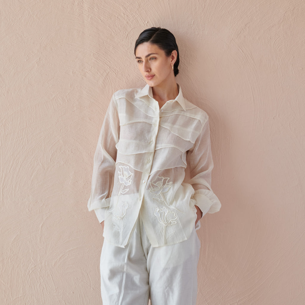 Moon Ripple at Kamakhyaa by The Loom Art. This item is Chanderi, Fluer De Code by The Loom Art, Hand Embroidered, White