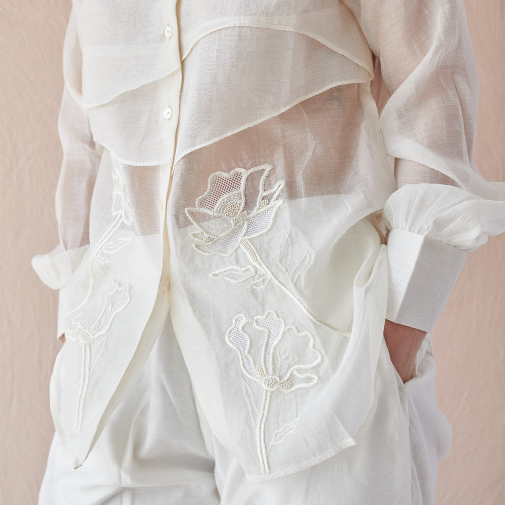 Moon Ripple at Kamakhyaa by The Loom Art. This item is Chanderi, Fluer De Code by The Loom Art, Hand Embroidered, White