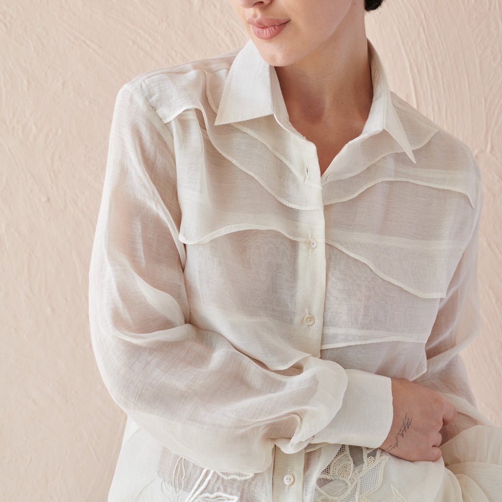 Moon Ripple at Kamakhyaa by The Loom Art. This item is Chanderi, Fluer De Code by The Loom Art, Hand Embroidered, White