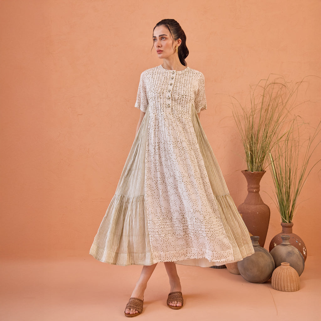 Mossy Mist at Kamakhyaa by Taro. This item is Artisan made, Cotton Mulmul, Handblock Printed, Tiered Dresses, Whispers of Summer by Taro, White