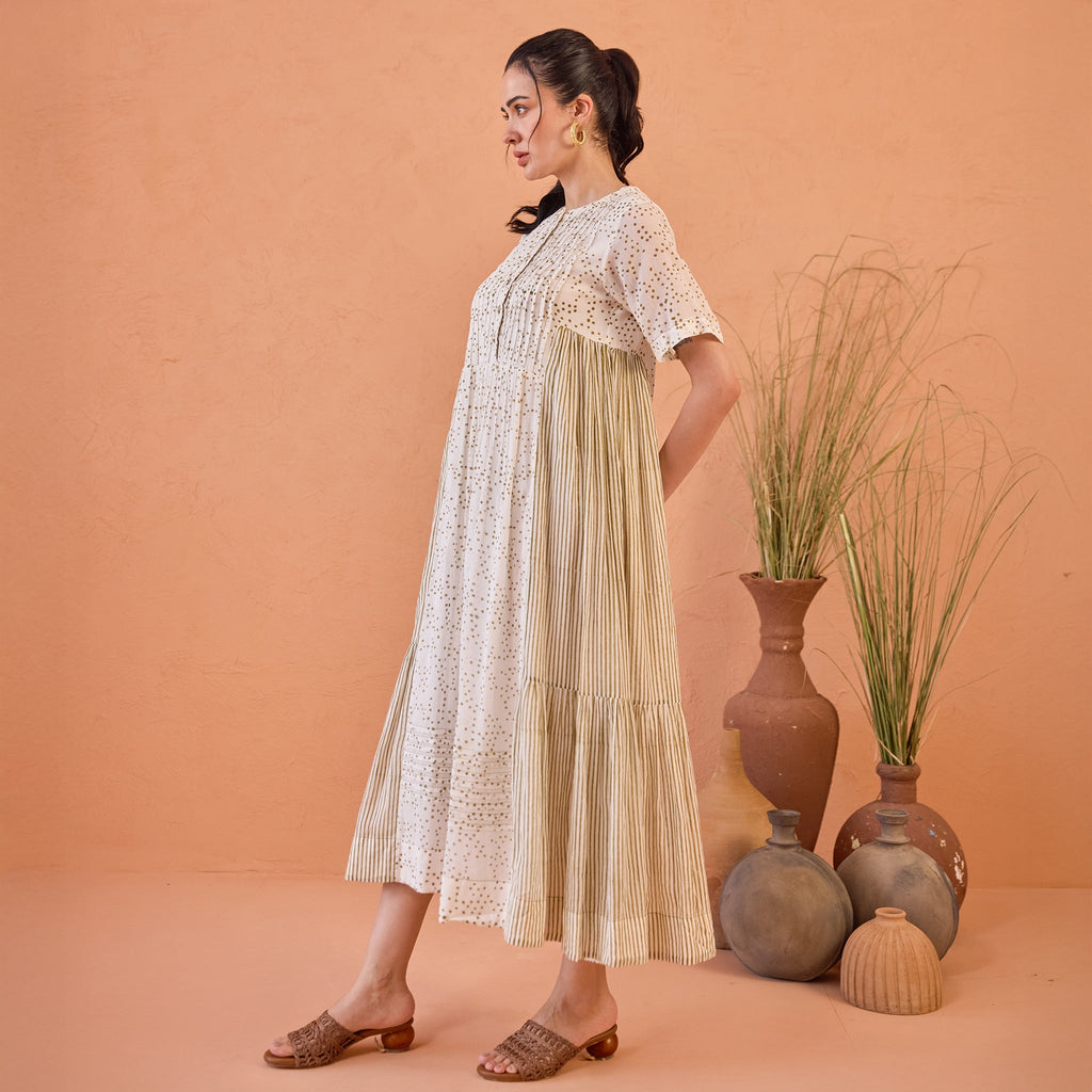 Mossy Mist at Kamakhyaa by Taro. This item is Artisan made, Cotton Mulmul, Handblock Printed, Tiered Dresses, Whispers of Summer by Taro, White