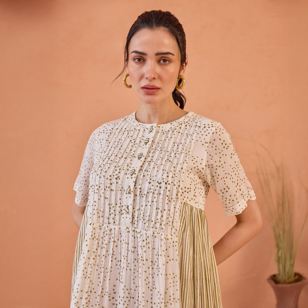 Mossy Mist at Kamakhyaa by Taro. This item is Artisan made, Cotton Mulmul, Handblock Printed, Tiered Dresses, Whispers of Summer by Taro, White