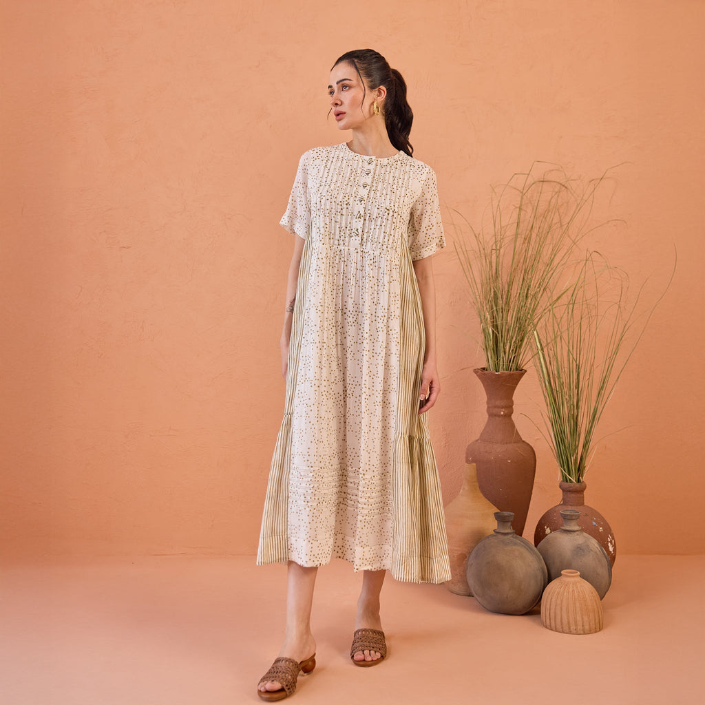 Mossy Mist at Kamakhyaa by Taro. This item is Artisan made, Cotton Mulmul, Handblock Printed, Tiered Dresses, Whispers of Summer by Taro, White