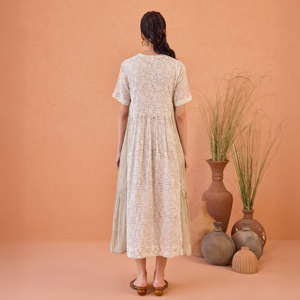 Mossy Mist at Kamakhyaa by Taro. This item is Artisan made, Cotton Mulmul, Handblock Printed, Tiered Dresses, Whispers of Summer by Taro, White