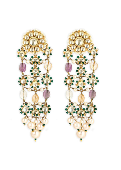 Multi ColourLong Earrings Polki Jaali at Kamakhyaa by House Of Heer. This item is Festive Jewellery, Festive Wear, Free Size, jewelry, July Sale, July Sale 2023, Long Earrings, Mix metal, Multicolor, Natural, Pearl, Polkis, Solids