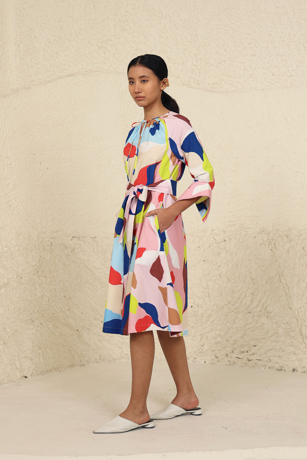 Multicolor A-line Dress with Waist Belt at Kamakhyaa by Kanelle. This item is Cotton Poplin, Evening Wear, Leafy Pattern, Made from Natural Materials, Midi Dresses, Multicolor, One by One by Kanelle, Regular Fit