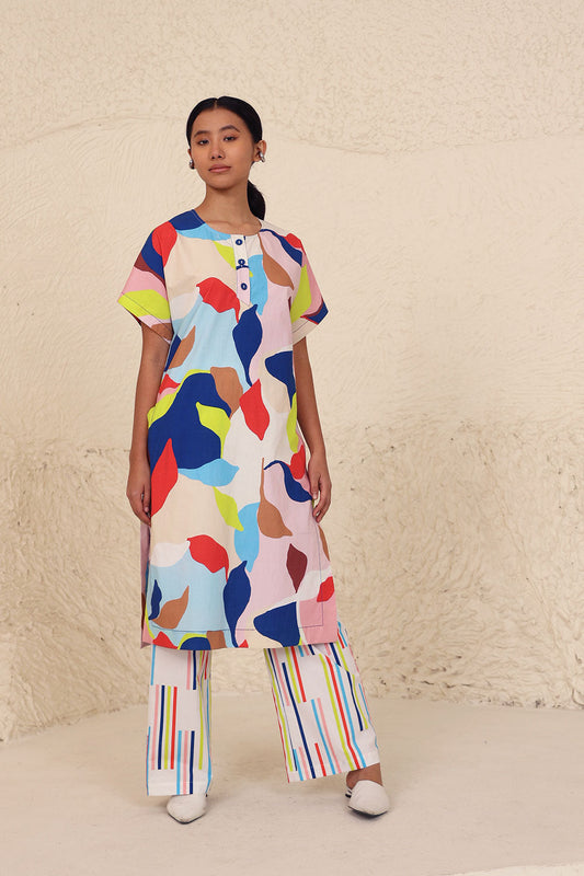 Multicolor Cotton Poplin Co-ord Set at Kamakhyaa by Kanelle. This item is Cotton Poplin, Evening Wear, Leafy Pattern, Made from Natural Materials, Multicolor, One by One by Kanelle, Regular Fit, Vacation Co-ords