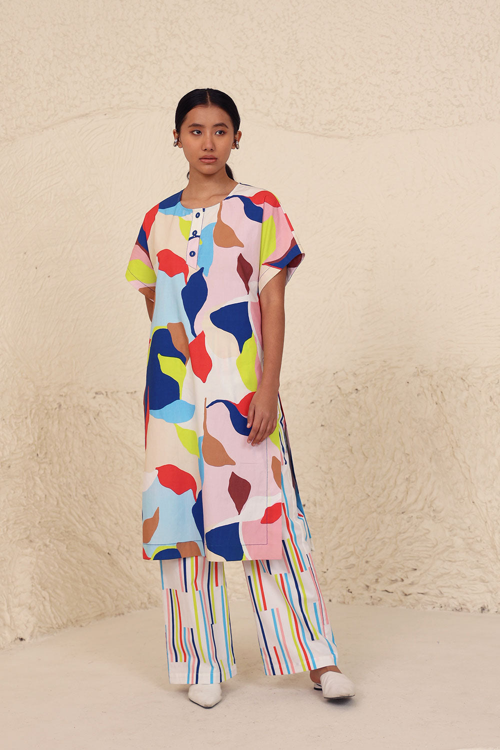 Multicolor Cotton Poplin Co-ord Set at Kamakhyaa by Kanelle. This item is Cotton Poplin, Evening Wear, Leafy Pattern, Made from Natural Materials, Multicolor, One by One by Kanelle, Regular Fit, Vacation Co-ords