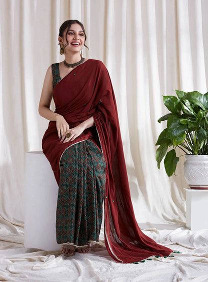 Multicolor Cotton Saree with Red Pallu at Kamakhyaa by Hasttvam. This item is Cotton, Festive Wear, Floral, Green, Natural dyes, Red, Relaxed Fit, Respondible production and Vegan