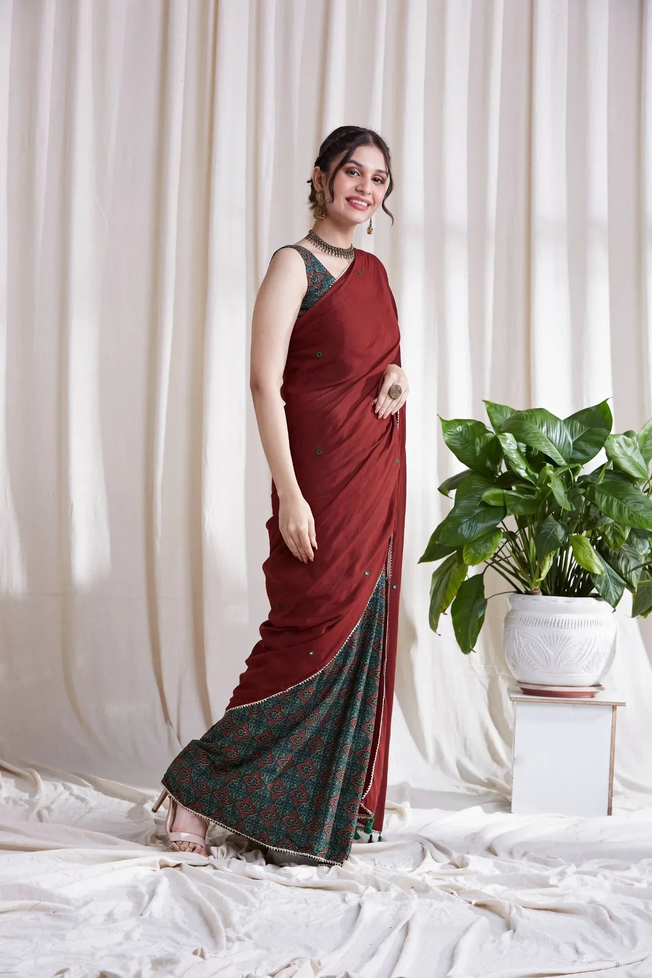 Multicolor Cotton Saree with Red Pallu at Kamakhyaa by Hasttvam. This item is Cotton, Festive Wear, Floral, Green, Natural dyes, Red, Relaxed Fit, Respondible production and Vegan