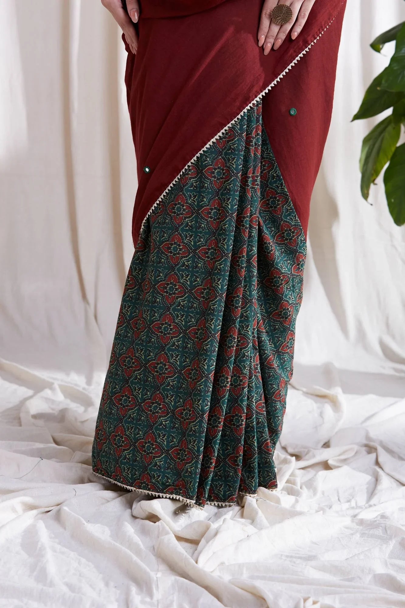 Multicolor Cotton Saree with Red Pallu at Kamakhyaa by Hasttvam. This item is Cotton, Festive Wear, Floral, Green, Natural dyes, Red, Relaxed Fit, Respondible production and Vegan