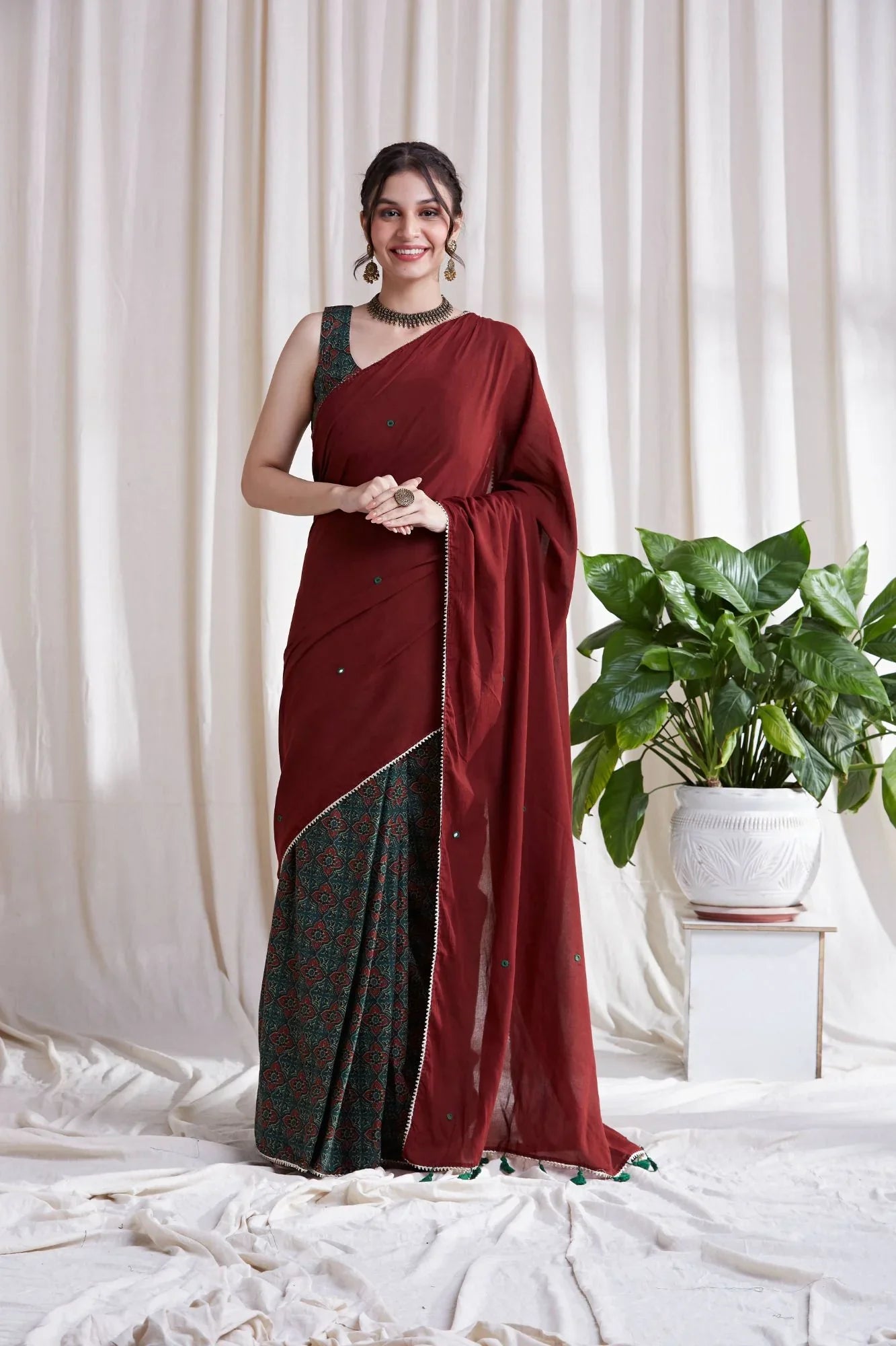 Multicolor Cotton Saree with Red Pallu at Kamakhyaa by Hasttvam. This item is Cotton, Festive Wear, Floral, Green, Natural dyes, Red, Relaxed Fit, Respondible production and Vegan