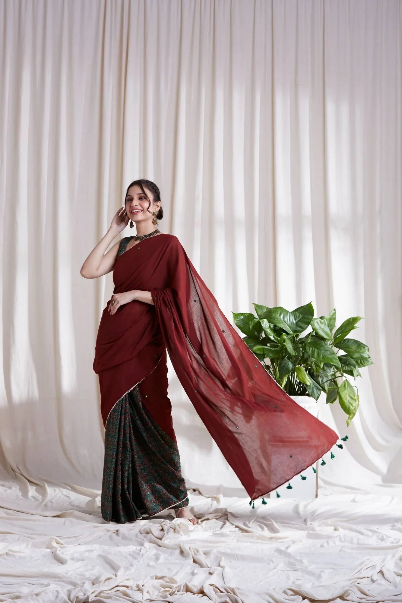 Multicolor Cotton Saree with Red Pallu at Kamakhyaa by Hasttvam. This item is Cotton, Festive Wear, Floral, Green, Natural dyes, Red, Relaxed Fit, Respondible production and Vegan