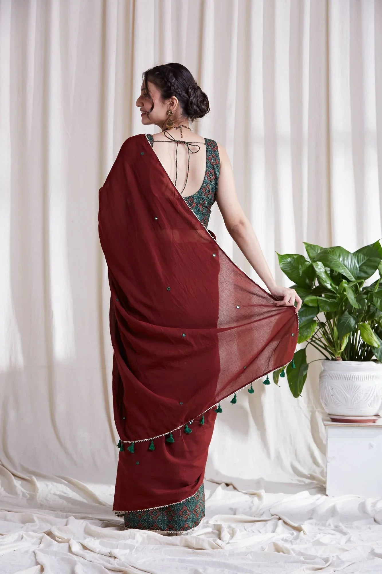 Multicolor Cotton Saree with Red Pallu at Kamakhyaa by Hasttvam. This item is Cotton, Festive Wear, Floral, Green, Natural dyes, Red, Relaxed Fit, Respondible production and Vegan