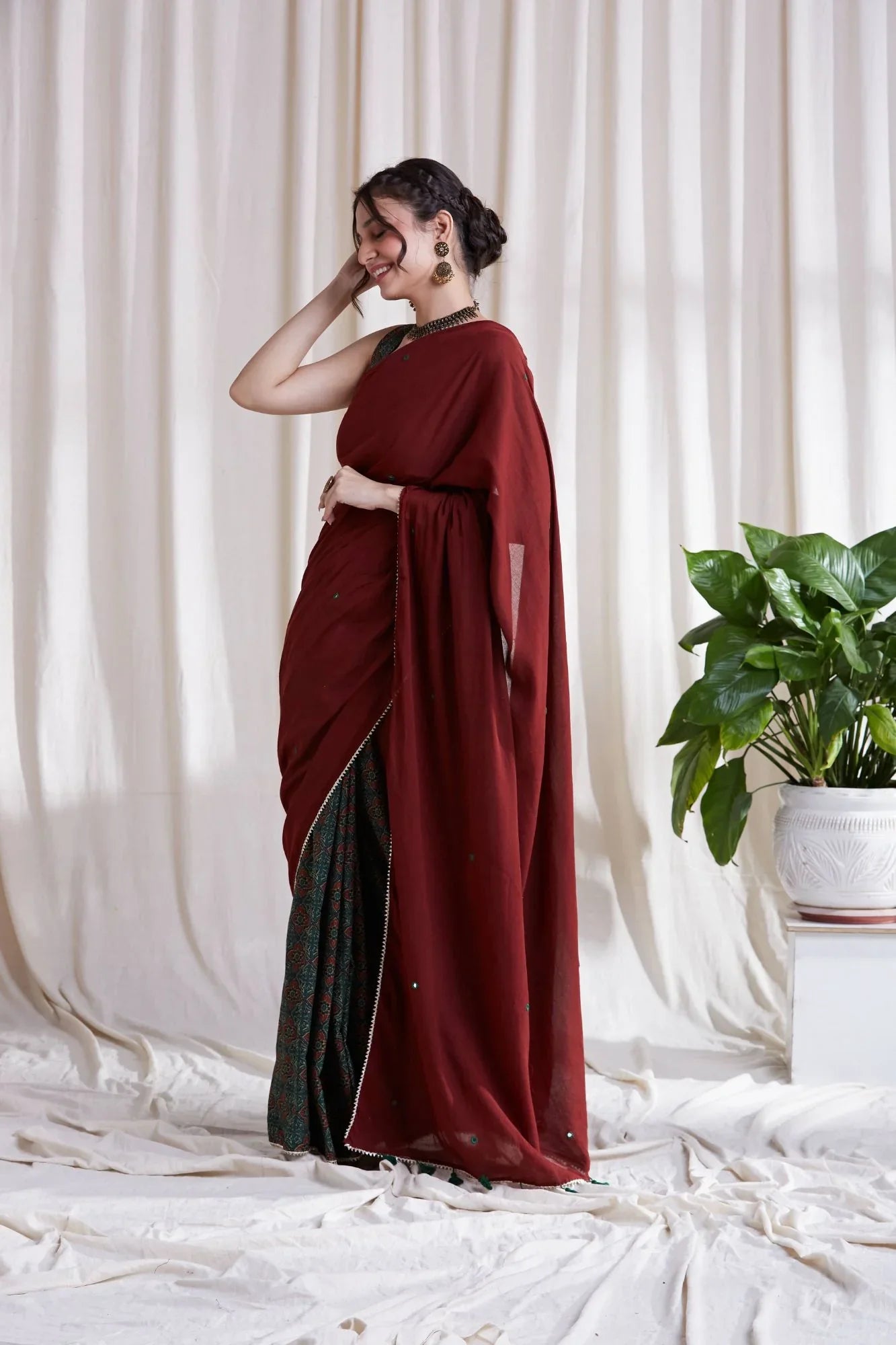 Multicolor Cotton Saree with Red Pallu at Kamakhyaa by Hasttvam. This item is Cotton, Festive Wear, Floral, Green, Natural dyes, Red, Relaxed Fit, Respondible production and Vegan