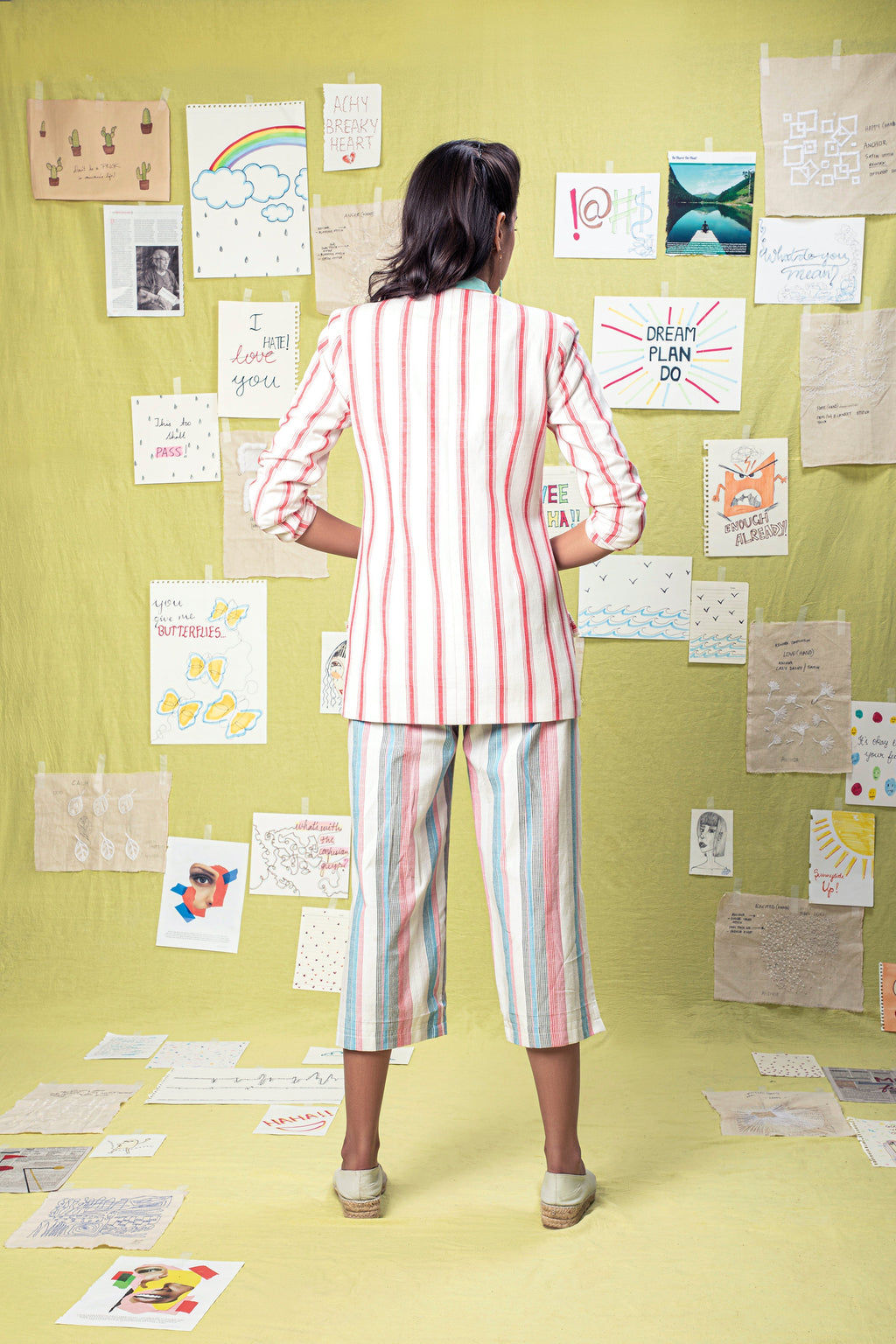 Multicolor Culotte at kamakhyaa.com by Anushé Pirani. This item is Anushe Pirani Sale, Culottes, Fitted At Waist, Handwoven Cotton, July Sale, July Sale 2023, Multicolor, Natural, Of Myriad Minds by Anushe Pirani, Office Wear, Playful Office Wear, Stripes, Womenswear