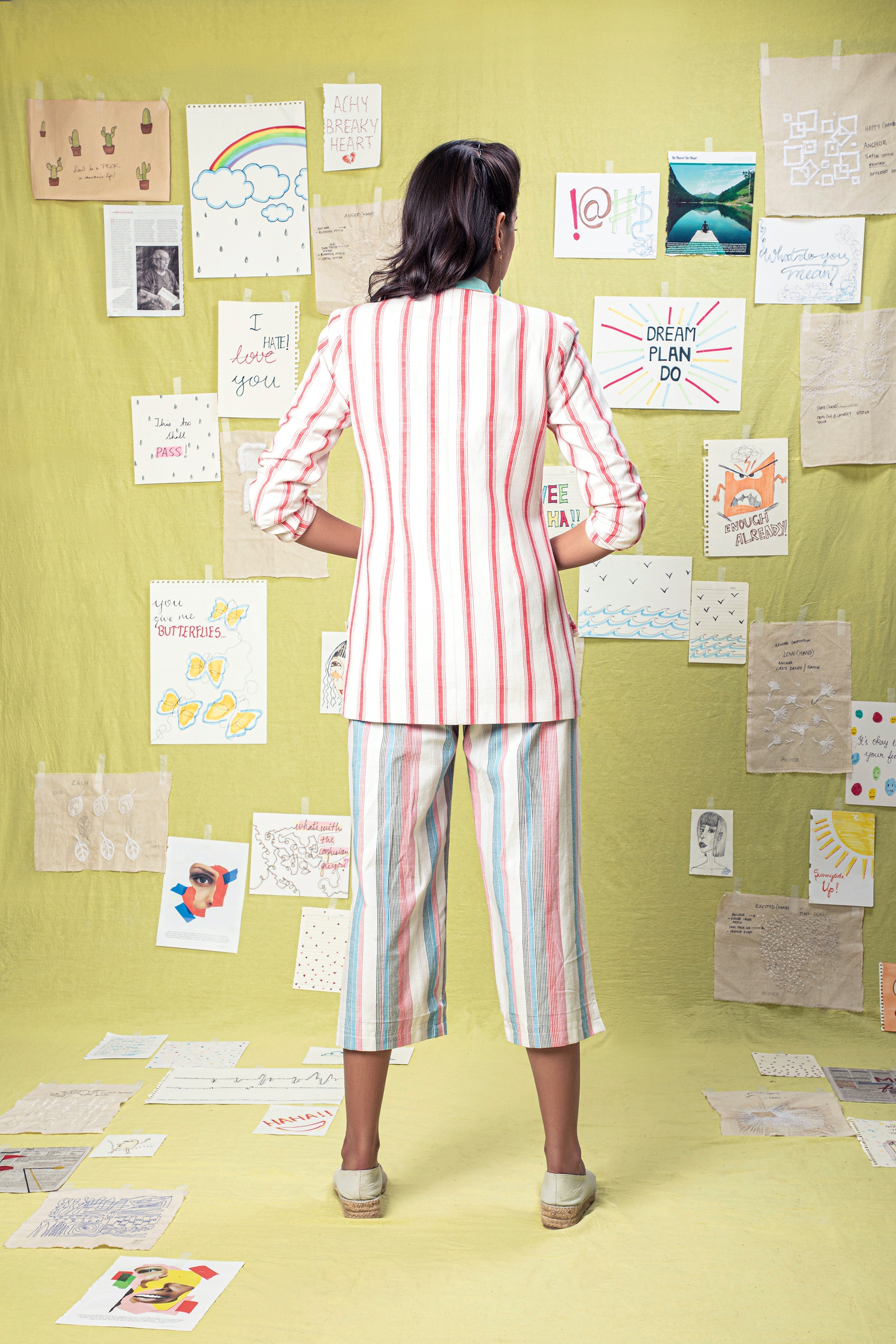 Multicolor Culotte at kamakhyaa.com by Anushé Pirani. This item is Anushe Pirani Sale, Culottes, Fitted At Waist, Handwoven Cotton, July Sale, July Sale 2023, Multicolor, Natural, Of Myriad Minds by Anushe Pirani, Office Wear, Playful Office Wear, Stripes, Womenswear