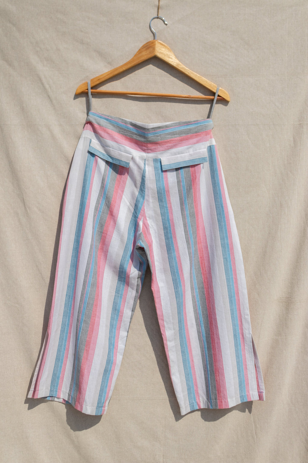 Multicolor Culotte at kamakhyaa.com by Anushé Pirani. This item is Anushe Pirani Sale, Culottes, Fitted At Waist, Handwoven Cotton, July Sale, July Sale 2023, Multicolor, Natural, Of Myriad Minds by Anushe Pirani, Office Wear, Playful Office Wear, Stripes, Womenswear