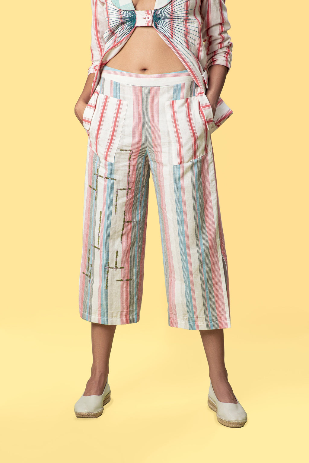 Multicolor Culotte at kamakhyaa.com by Anushé Pirani. This item is Anushe Pirani Sale, Culottes, Fitted At Waist, Handwoven Cotton, July Sale, July Sale 2023, Multicolor, Natural, Of Myriad Minds by Anushe Pirani, Office Wear, Playful Office Wear, Stripes, Womenswear