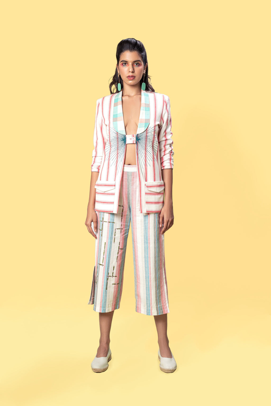 Multicolor Culotte at kamakhyaa.com by Anushé Pirani. This item is Anushe Pirani Sale, Culottes, Fitted At Waist, Handwoven Cotton, July Sale, July Sale 2023, Multicolor, Natural, Of Myriad Minds by Anushe Pirani, Office Wear, Playful Office Wear, Stripes, Womenswear