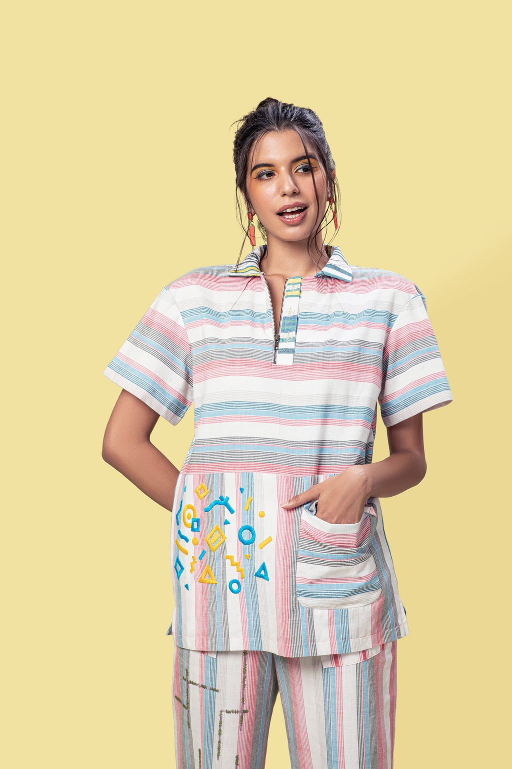 Multicolor Custom T-shirt at kamakhyaa.com by Anushé Pirani. This item is Anushe Pirani Sale, Fitted At Waist, Handwoven Cotton, July Sale, July Sale 2023, Multicolor, Natural, Of Myriad Minds by Anushe Pirani, Office Wear, Playful Office Wear, Stripes, T-Shirts, Tops, Womenswear