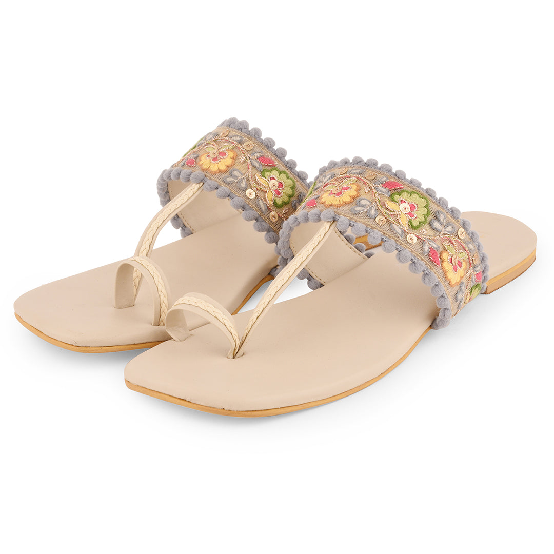 Multicolor Embroidered Flat Open Toes at Kamakhyaa by EK_agga. This item is Beige, Chhath Puja, Eid Special, Festive Wear, Flats, Indian Formals, Indian Formals Footwear, Less than $50, Open Toes Footwear, Party Wear, Patent leather, Regular Fit, Sangeet Function, Sangeet Function Footwear, Solids, Toe Loop, Vegan