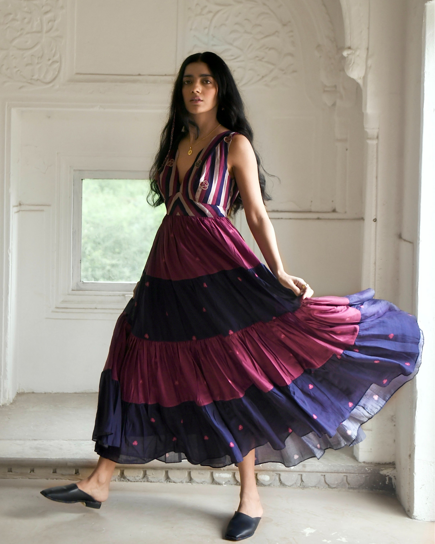 Multicolor Embroidered Tiered Dress at Kamakhyaa by Taro. This item is Azo Free Dyes, Best Selling, Chanderi Silk, Console Collection 2025, Designer Event, Embroidered, FB ADS JUNE, Fitted At Waist, Garden Of Dreams by Taro, July Sale, July Sale 2023, Maxi Dresses, Multicolor, Resort Wear, Silk Saga, Sleeveless Dresses, Tiered Dresses, Womenswear