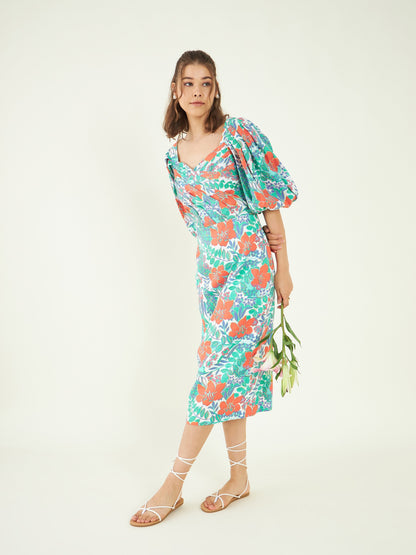 Multicolor Evening Wear Midi Dress at Kamakhyaa by Bohobi. This item is 100% Linen, Evening Wear, Floral Prints, Midi Dresses, Multicolor, Regular Fit, Toxin free