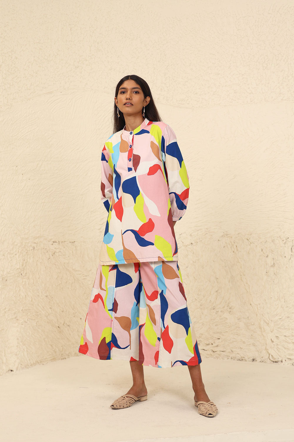 Multicolor Fancy Co-ord Set at Kamakhyaa by Kanelle. This item is Cotton Poplin, Evening Wear, Leafy Pattern, Made from Natural Materials, Multicolor, One by One by Kanelle, Partywear Co-ords, Regular Fit