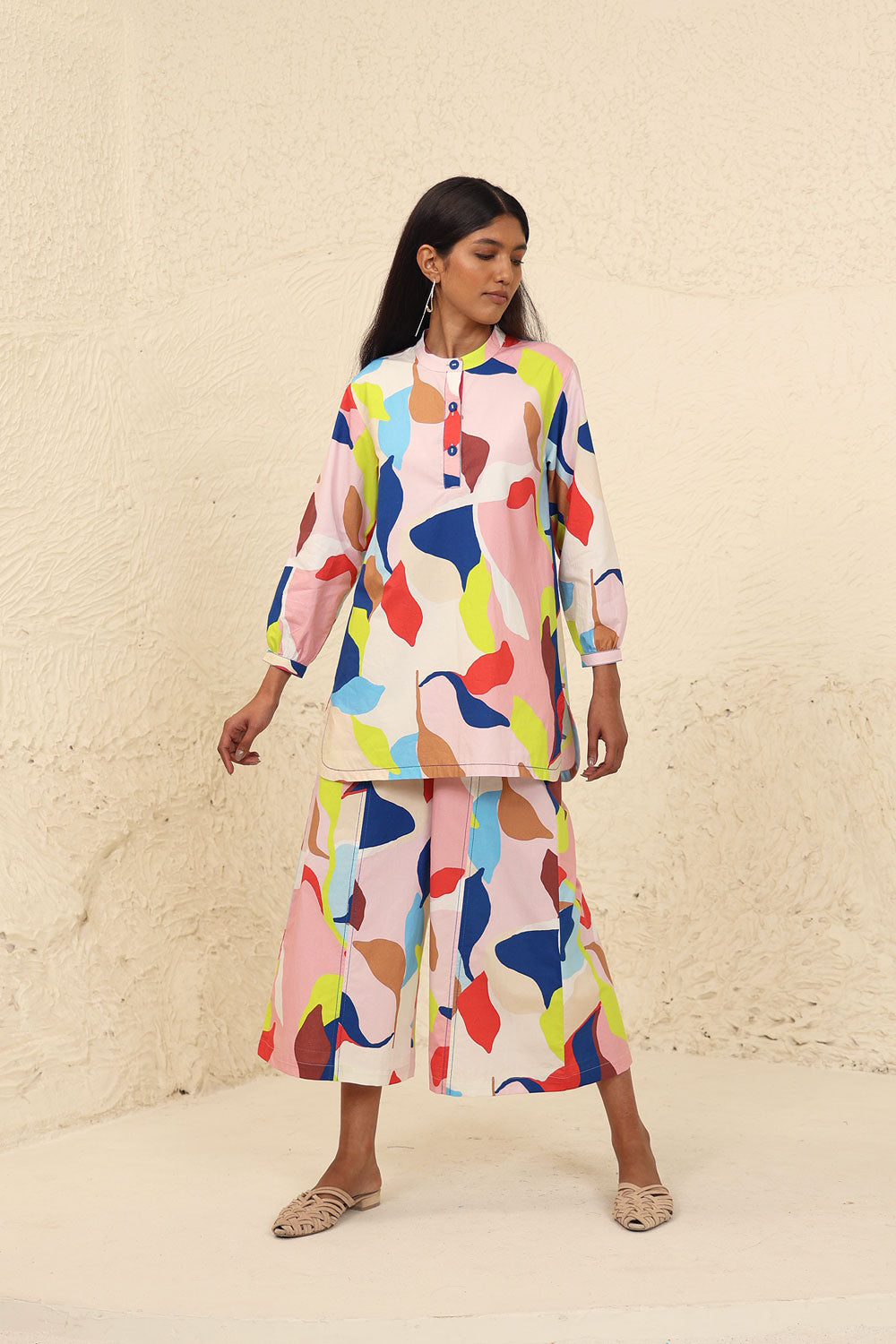 Multicolor Fancy Co-ord Set at Kamakhyaa by Kanelle. This item is Cotton Poplin, Evening Wear, Leafy Pattern, Made from Natural Materials, Multicolor, One by One by Kanelle, Partywear Co-ords, Regular Fit