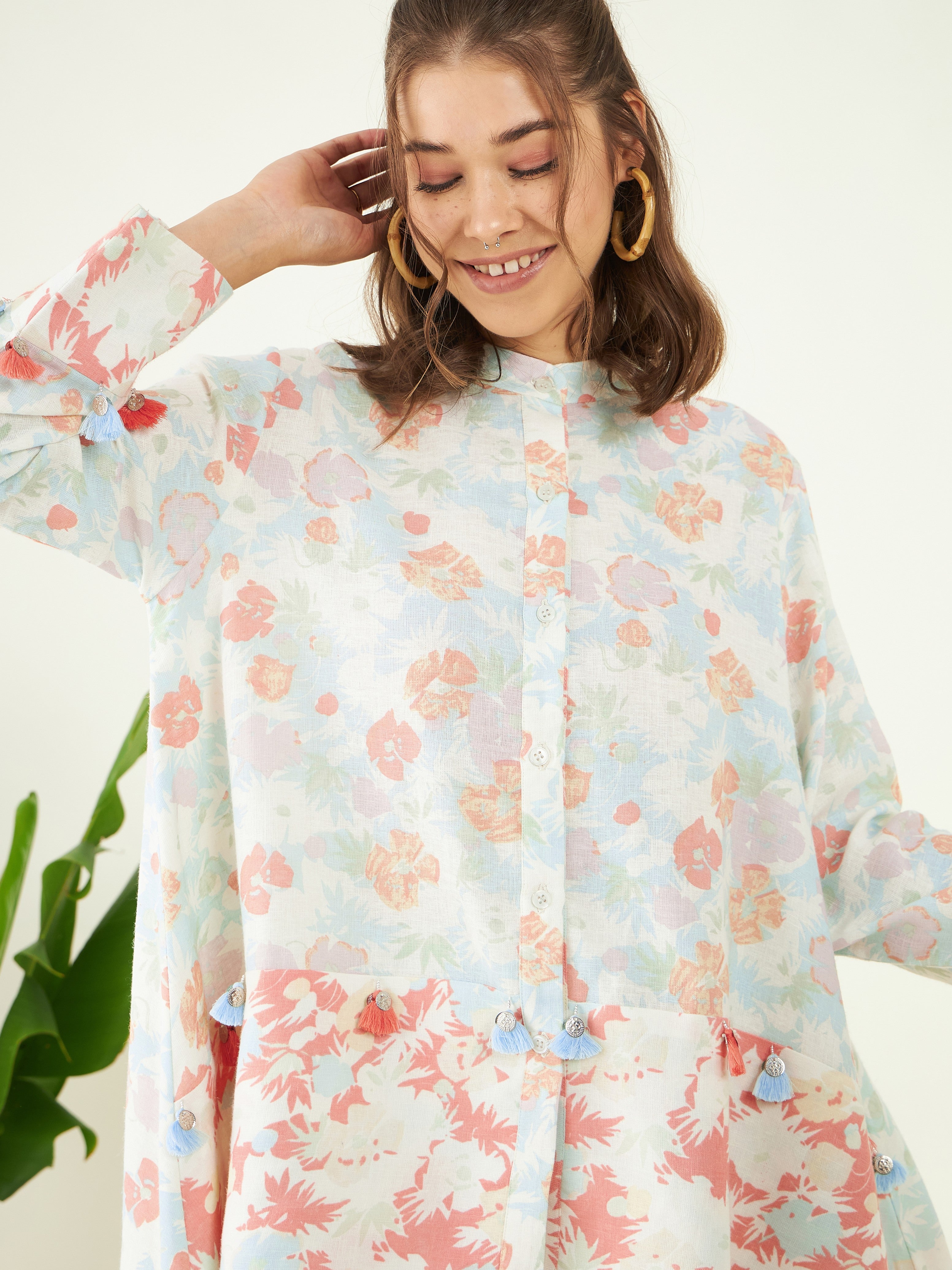 Multicolor Floral Printed Co-ord Set at Kamakhyaa by Bohobi. This item is Cotton Mulmul, Cotton Muslin, Floral Prints, Multicolor, Office Wear, Office Wear Co-ords, Relaxed Fit, Toxin free