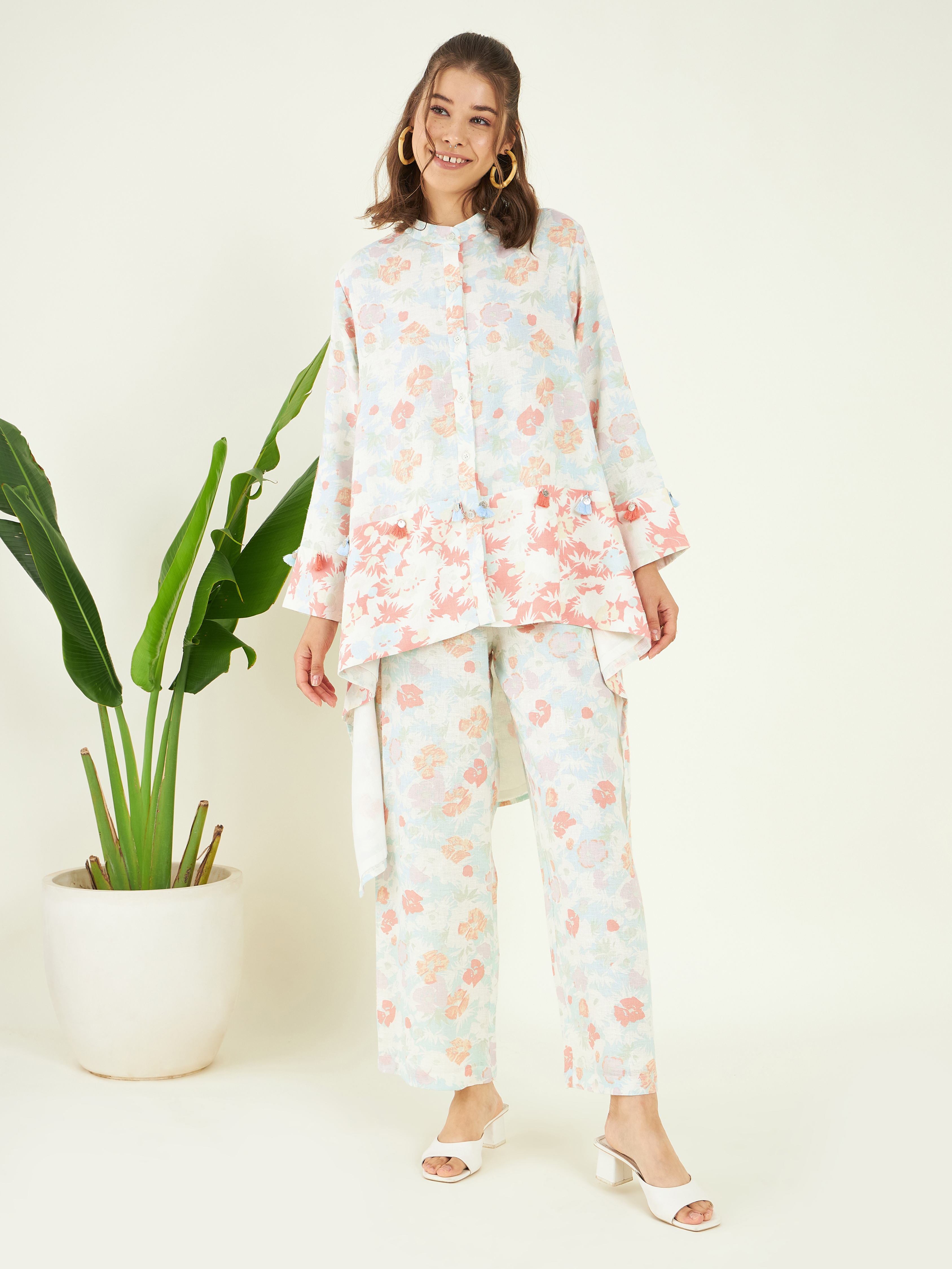 Multicolor Floral Printed Co-ord Set at Kamakhyaa by Bohobi. This item is Cotton Mulmul, Cotton Muslin, Floral Prints, Multicolor, Office Wear, Office Wear Co-ords, Relaxed Fit, Toxin free