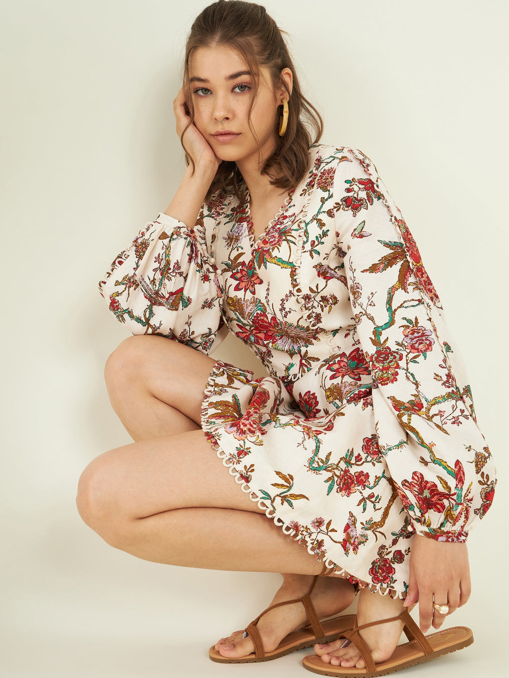 Multicolor Floral Printed Mini Dress at Kamakhyaa by Bohobi. This item is 100% Linen, Floral Prints, Fusion Wear, Mini Dresses, Multicolor, Regular Fit, Toxin free