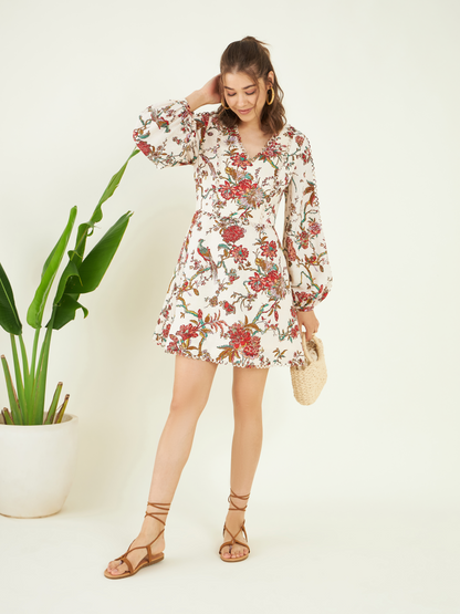 Multicolor Floral Printed Mini Dress at Kamakhyaa by Bohobi. This item is 100% Linen, Floral Prints, Fusion Wear, Mini Dresses, Multicolor, Regular Fit, Toxin free