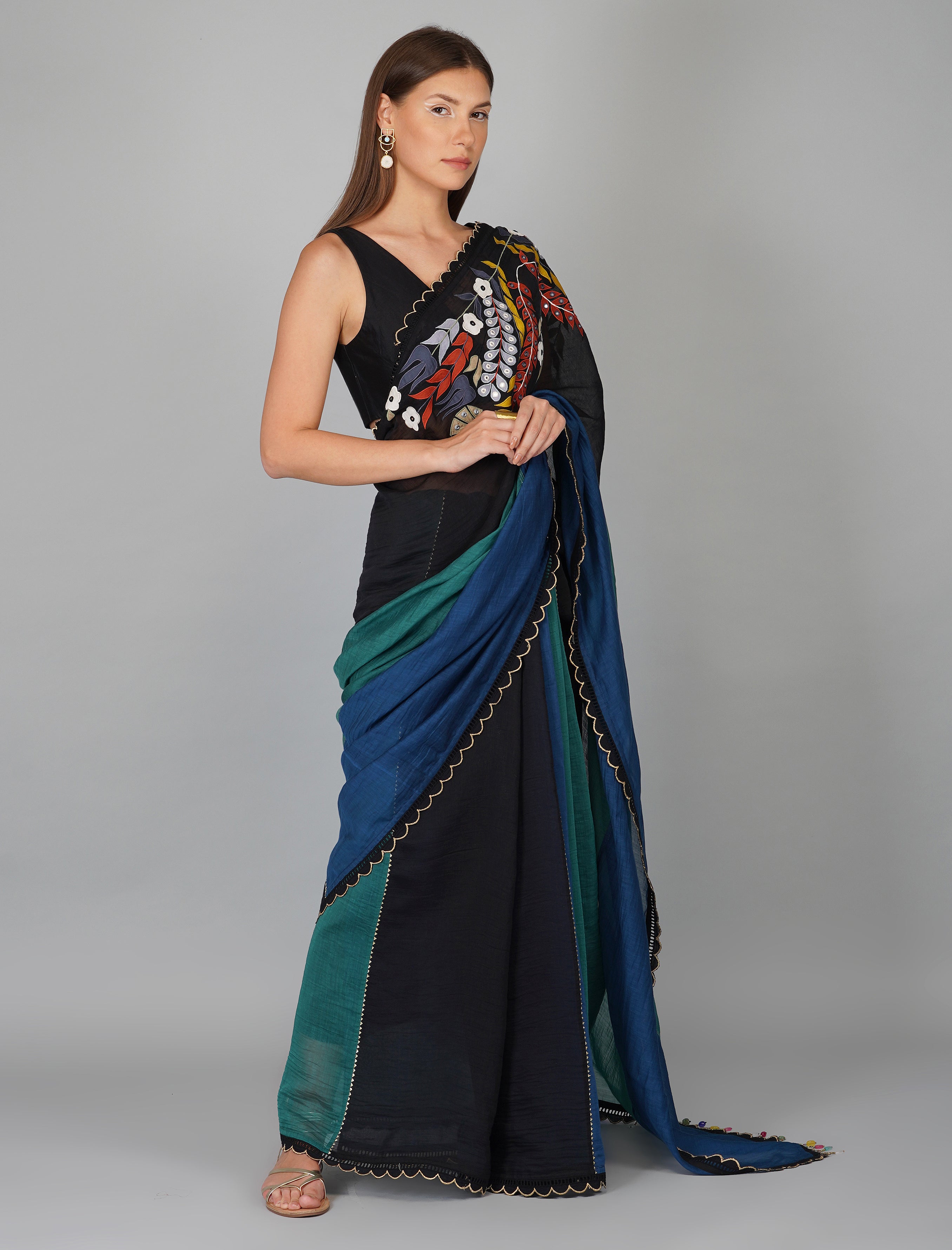 Black Multicolor Embroidery and Beads work Half Saree Styled Crop Top –  Seasons Chennai