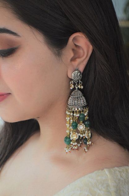 Multicolor Jhumkas Amalka Gharara at Kamakhyaa by House Of Heer. This item is Alloy Metal, Festive Jewellery, Festive Wear, Free Size, jewelry, Jhumkas, July Sale, July Sale 2023, Long Earrings, Multicolor, Natural, Pearl, Polkis, Solids