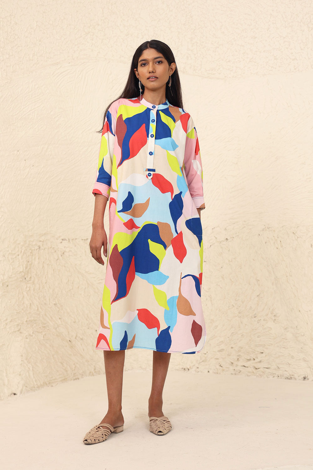 Multicolor Leaf Print Midi Dress at Kamakhyaa by Kanelle. This item is Cotton Poplin, Evening Wear, Leafy Pattern, Made from Natural Materials, Midi Dresses, Multicolor, One by One by Kanelle, Regular Fit