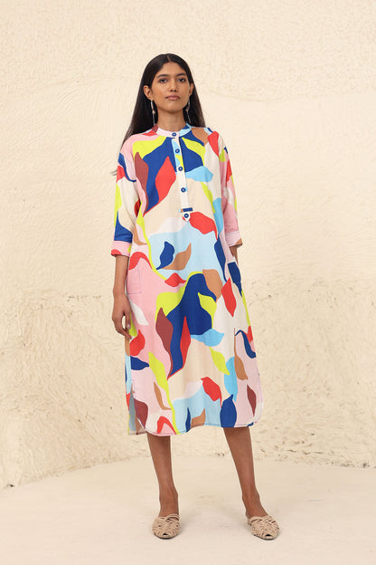 Multicolor Leaf Print Midi Dress at Kamakhyaa by Kanelle. This item is Cotton Poplin, Evening Wear, Leafy Pattern, Made from Natural Materials, Midi Dresses, Multicolor, One by One by Kanelle, Regular Fit