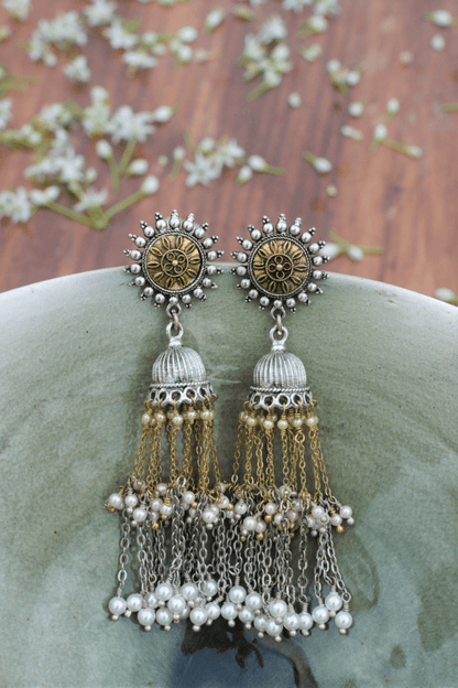 Multicolor Long Earring Sooryodaya at Kamakhyaa by House Of Heer. This item is Alloy Metal, Festive Jewellery, Festive Wear, Free Size, jewelry, July Sale, July Sale 2023, Less than $50, Long Earrings, Multicolor, Natural, Pearl, Solids